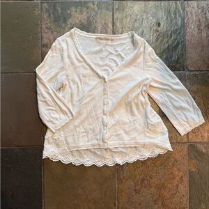 Soft Surroundings Cream Button-Up Shirt with Lace Hem